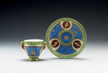 Sevres bleu celeste and pale-green ground two-handled cup and saucer, 1790