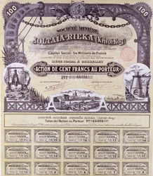 Share certificate for 100 francs for the Franco-Russian Joltaia-Rieka mining company, 1899