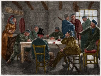 Sicilian mafia in the 19th century: Interrogation of a landowner abrogated by Sicilian mafiosi in 1873. Engraving from 1873.