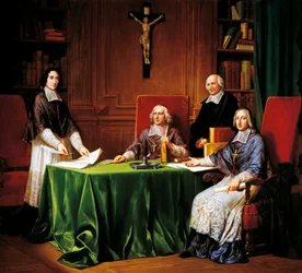 Signing Articles of Issy conference held in 1697 between Jacques Benigne Bossuet, Louis-Antoine Noailles, Francois Fenelon