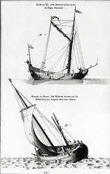 Sketch of Boats: A Yacht or Yac and an Hourque or Hollock, which is a Small Boat Invented by the Dutch to Navigate the Canals - in "Diderot Encyclopedia", Vol 7 Marine, Engraving, Bibl. Mazarine.