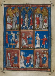 Nine miniatures showing biblical and medical scenes. Above, Christ before Caiaphas and Pilate; the flagellation. Centre and below, physicians treating patients for broken bones and other ailments