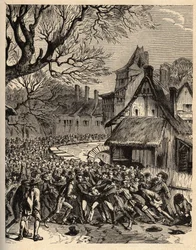 Soule game (ancestor of football) - Le jeu de la soule en Basse Normandy (Ancetre presume du football et du rugby) - engraving in PATRIQUE DE LA FRANCE IN 6 VOLUES BY LUCIEN HUARD - end 19th century