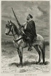Spahi, efficient rider and dread contributing to the conquest of Algeria, at the service of France. Engraving after a drawing by H. Charles, to illustrate the story Tebessa and its monuments (Algeria), by A. Heron de Villefosse