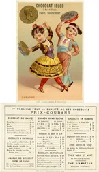 Spanish children dancing with tambourines made of pesetas, from a series of promotional cards on currencies in different countries, published in Paris by Vieillemard for use by Chocolat Ibled, 1886-95