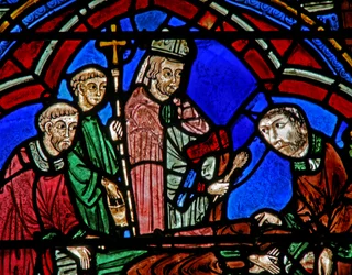 St Cheron window: bishop and deacons at his new tomb