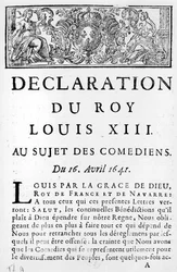 Statement of Louis XIII (1601-43) on the Comedians, 16th April 1641