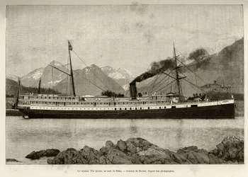 Steamer The Queen, in the Harbor of Sitka (Alaska, USA). Engraving by Bocher, in 1890, in 