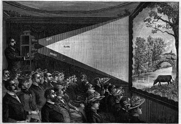 Stereoscopic projections: The light beams in different colours overlay the screen. The spectators wear eyeglasses and colorful glasses. Engraving in 