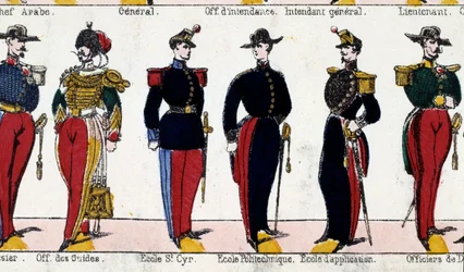 Suits for Students of the Officer of Guides, the School of Saint Cyr, Polytechnique and the School of Application. Engraving of the 19th Century. Paris, Musee Carnavalet