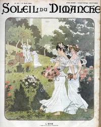 Summer Allegory: Women in White Dresses Holding Hands with Baskets of Roses in a Garden and Others Picking Apples from an Orchard