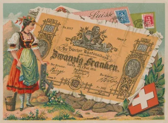 Swiss girl in traditional costume and 20 Franc banknote