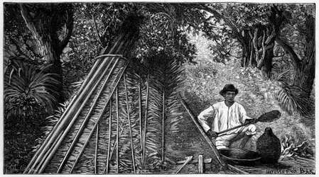 Syringuero engaged in smoking latex forming rubber. 1898 engraving.