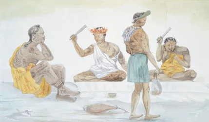 Tahitian Cloth Beaters, from the Journey of Louis I Duperrey, Polynesia 19th Century