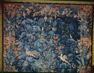 Tapestry depicting birds and foliage as imagined in the New World