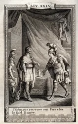 Telemachus finds Ulysses - engraving from 1798 by Monnet in 
