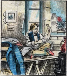 Textile, Linen. Sewing Thread Cut into Skeins. Engraving. Epinal imaging late 19th century.