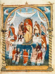 The Abbot Vivian surrounded by monks of St Martin of Tours presenting the book to Charles II the Bald, 9th century