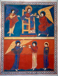 The Angel received the book of the Lord and handed it to Saint John Miniature from the commentaries of “The Revelation according to Saint John” written in 775 by the monk Beatus of Liebana