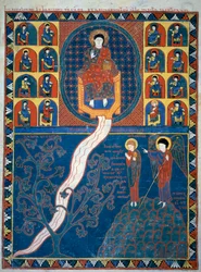 The Angel shows Saint John the river of life that starts from the throne of God and the Miniature tree of life taken from the commentaries of The Revelation according to Saint John written in 775 by the monk Beatus of Liebana