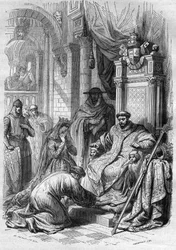 The Archbishop Saint Dunstan forced King Edwy of England (941-959) to divorce. Engraving in 