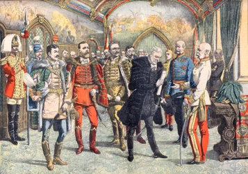 The Austro-Hungarian crisis. The Emperor Franz Joseph I receiving the Hungarian barons asking for universal suffrage in Hungary. Illustration for Le Petit Journal
