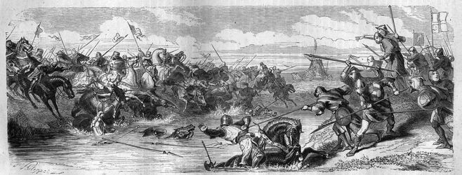 The Battle of Kortrijk (Battle of Golden Spurs) between the King of France and the Flemish Communal Militia on July 11