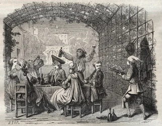The Brigand Louis Dominique Garthausen dit Cartridge (1693-1721) during a meal with his companions - French brigand Louis Dominique Garthausen aka Cartridge (1693-1721) during a meals with accomplices - Engraving in Causes celebres de tous les peuples