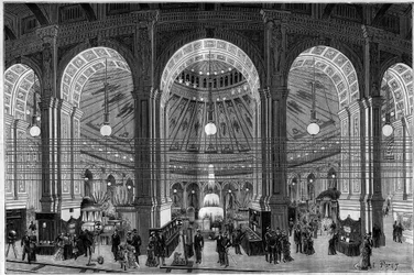 The Electricity Exhibition in Vienna (Austria), an overview of the large rotunda illuminated by electric light. Engraving in 