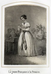 The French girl reads to her classmates. Anonymous engraving of the 19th century