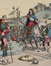 The Gallic chief Vercingetorix surrendering to the Roman chief Julius Caesar after the battle of Alesia in 52 BC