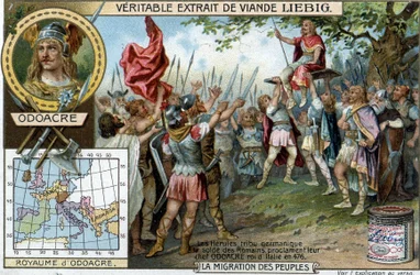 The Herules, a Germanic tribe in the pay of the Roman soldiers, proclaimed their chief Odoacer king of Italy in 476 (end of the Roman Empire) - Liebig advertising sticker