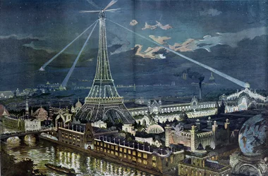 The Illuminations of the Champs de Mars Palace with the Projectors Placed on the Eiffel Tower during the Paris Exposition