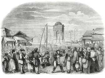 The Innocents march in Paris with the fountain - Engraving in 