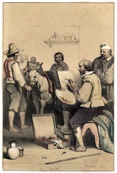 The Italian painter Antonio Allegri (known as Correggio or Le Correge 1489-1534), endorses, creates the sign of an inn, to pay for his meal. Plate taken from Scenes of the life of famous men, engraving in two colours by Valerio. 1843
