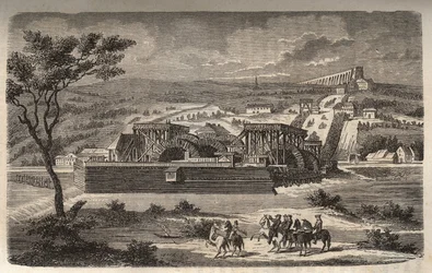 The Machine at Marly - View of the Machine of the Aqueduct of Marly Installed in Bougival - The Aqueduct of Louveciennes (or Marly) for Versailles and the Chateau de Marly in Water - Engraving in 