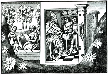The Old Man of the Mountain giving orders to his followers, from The Travels of Marco Polo, copied by Albert Coinchon from the original manuscript