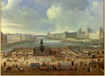The Pont Neuf seen from the entrance to Place Dauphine, the Quai Malaquais, the College of the Four Nations, the Grand Gallery and the Louvre. Anonymous painting