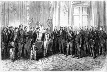The President of the French Republic Adolphe Thiers received Japanese ambassadors at the Elysee Palace. Engraving in Le Monde Illustré n°821 of January 4