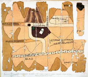 The Turin Papyrus, reproduction of an ancient Egyptian map of gold mines based on an original papyrus of c. 1300 BC conserved in the Museo Egizio in Turin