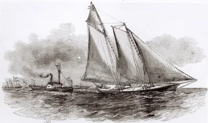 The Yacht America taking the lead in the 1851 Cowes Regatta, from Le Monde Illustre, 1851