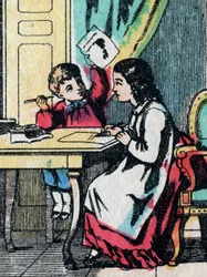 The activities for girls from good families: helping a little brother in his homework - Epinal picture - 19th century