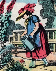 The activities for girls from good families: learning gardening - Epinal picture - 19th century