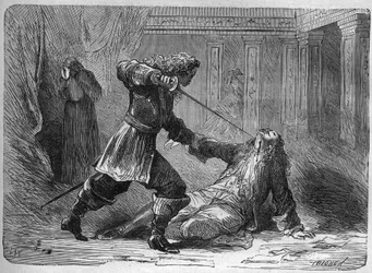 The assassination of Marquis Gianrinaldo Monaldeschi, lover of Queen Christina of Sweden (1626-1689) - The assassination of Marquis Giovanni Monaldeschi in 1656, favourite of Queen Christina of Sweden (1626-1689), at Fontainebleau Castle. Engraving in