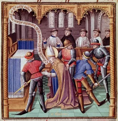 The assassination of Thomas Becket in 1170 (Assassination of Saint Thomas of Canterbury). Miniature from 