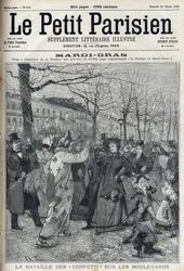 The Battle of Confetti on the Parisian Boulevard During Mardi Gras. Engraving in 