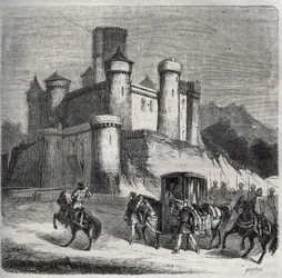 The cortege of Rigonde (around 569-after 589) leaves Paris to go to her fiance, Prince Recarede. Engraving from 1871 in Histoire Des Cocus Celebres by Henry de Kock (1819-1892)