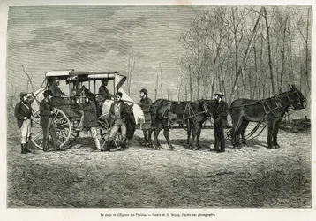 The Course or Diligence on the Horse of the Prairies, Drawing by A. Dupuis, to Illustrate the Story of an Excursion to Canada and the Northern Red River, in 1873, by H. de Lamotte. Engraving in Le Tour du Monde