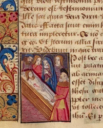 The deposition of Christ in the tomb, miniature from the Book of Hours (Use of Poitiers), Latin and French manuscript illustrated by student of Robinet Testard, France end of 15th Century