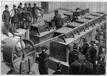The draw of financial securities (system of payment of loans by repayable bonds): an overview of the wheel of the numbers of a draw, by twelve Casanova machines operating simultaneously. Engraving in 